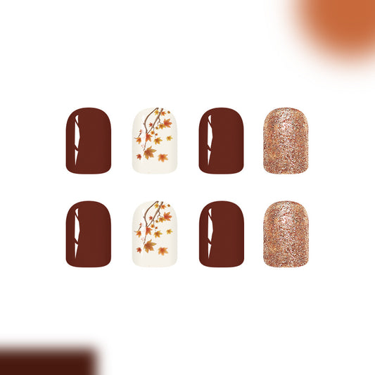 Autumn Elegance Short Square Brown and Cream with Glitter Accents and Leaf Design Press-On Nail Set