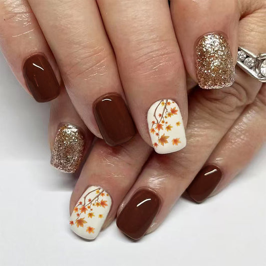 Autumnal Elegance Short Square Press On Nail Set in Rich Brown with Glitter Accents and Delicate Leaf Design