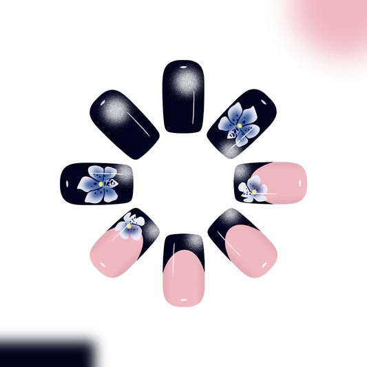 Botanical Bliss Medium Square Dark Blue and Light Pink Floral Ombre Press On Nail Set