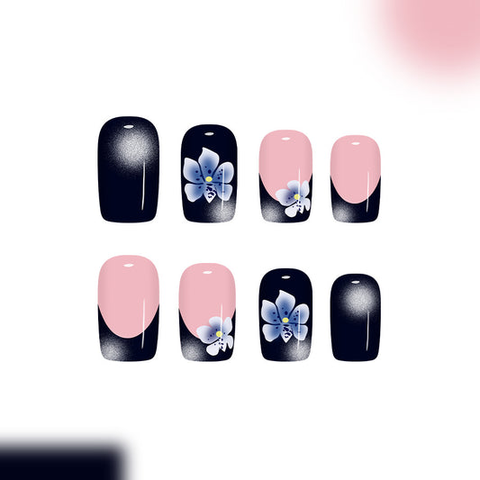 Blooming Elegance Medium Square Gradient Pink and Black Nail Set with Floral Designs