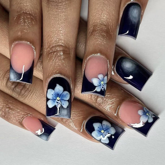Elegant Garden Vibes Medium Square Blue and Pink Gradient with Floral Accents Press-On Nail Set