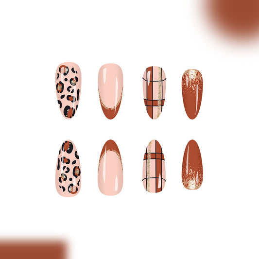 Chic Wildflower Long Almond Pink and Brown Animal Print with Gold Accents Press On Nail Set