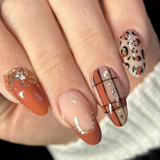 Wild Elegance Long Almond Shape Peach and Tan with Sparkling Accents Press on Nail Set