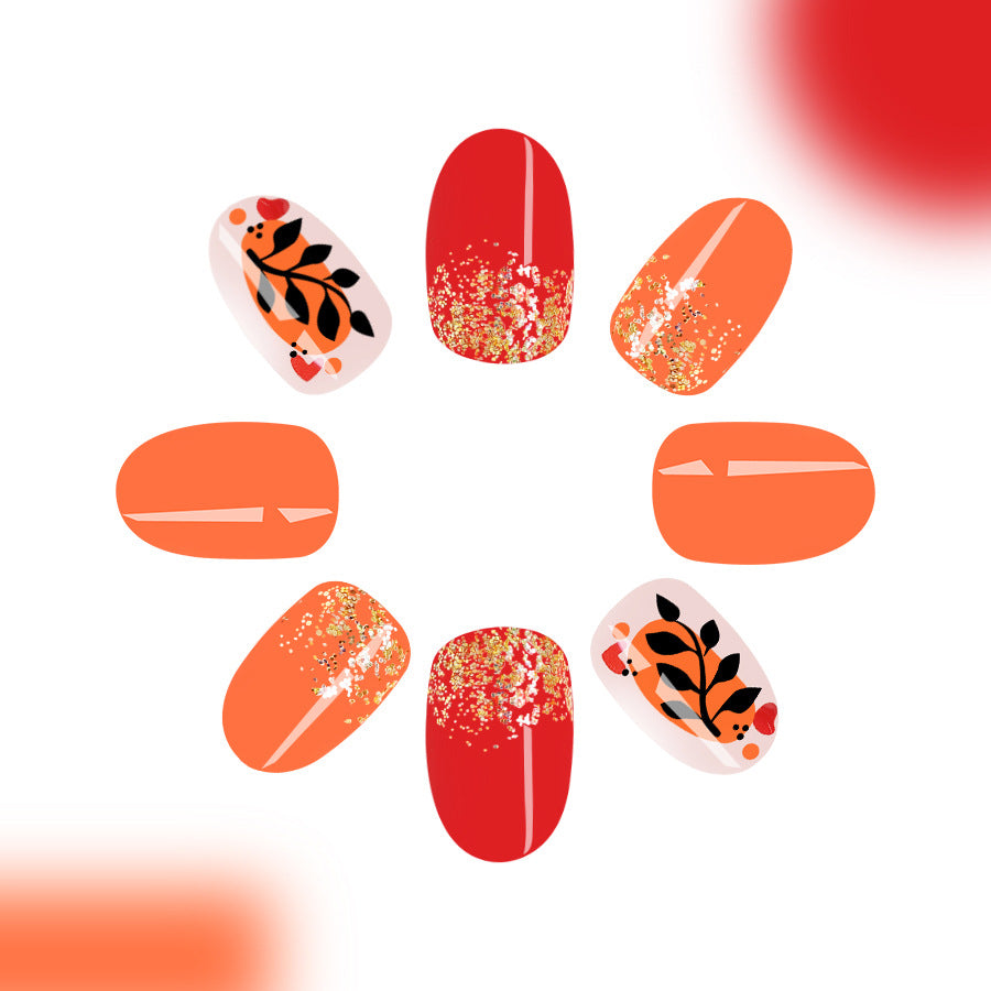 Autumn Vibes Glossy Medium Oval Orange and Red Press On Nail Set with Sparkling Glitter and Leaf Design