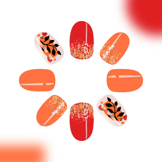 Autumn Vibes Glossy Medium Oval Orange and Red Press On Nail Set with Sparkling Glitter and Leaf Design
