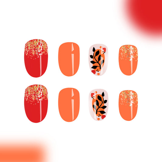 Autumn Harvest Medium Oval Orange and Red Press On Nails with Gold Glitter and Leaf Art