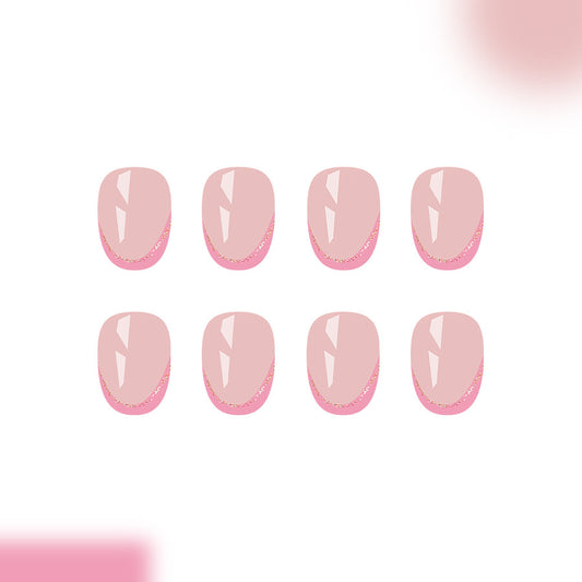 Whimsical Blossom Medium Oval Pink Press On Nail Set with Glittery Edge Highlight