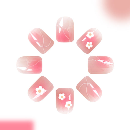 Whimsical Blossom Delight Short Square Pink Gradient Press On Nail Set with Charming Floral Accents