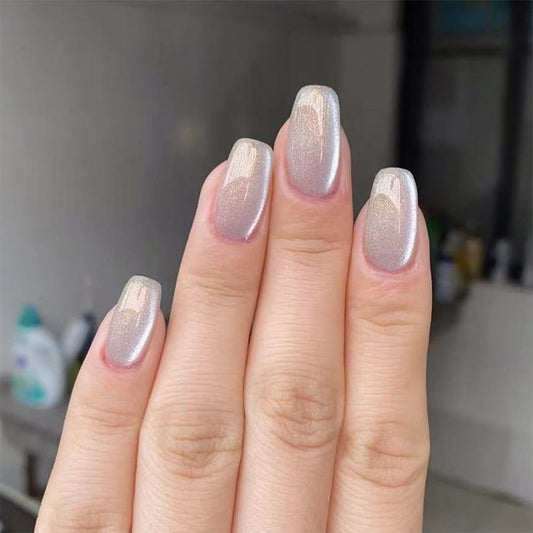 Chic Glamour Elegant Medium Coffin Silver Press-On Nail Set with Mesmerizing Shimmer Effect