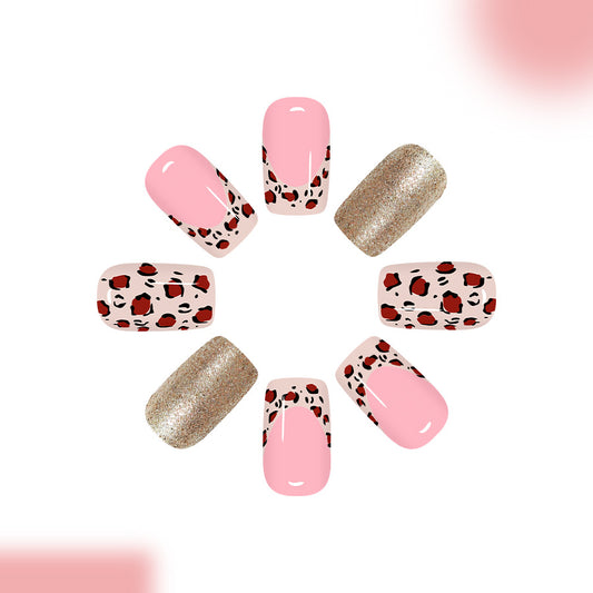 Wild Safari Inspired Medium Square Pink and Gold Press on Nail Set with Leopard Print Accent