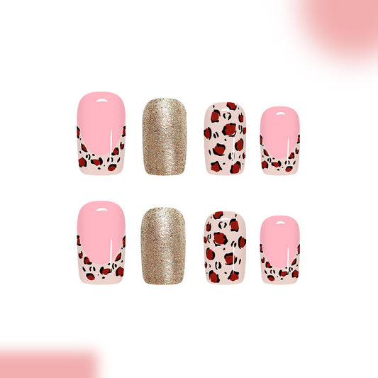 Fierce Safari Inspired Medium Square Pink Leopard Print Glitter Nail Set