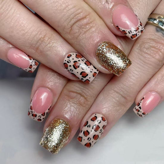Wild Safari Glam Medium Square Beige with Gold Glitter and Animal Print Press On Nail Set