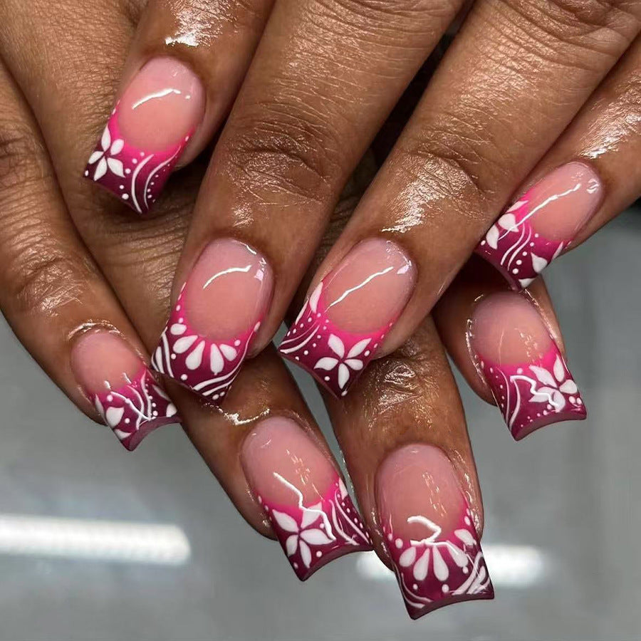 Floral Fantasy Medium Square Pink Ombre Press-On Nail Set with Intricate White Designs