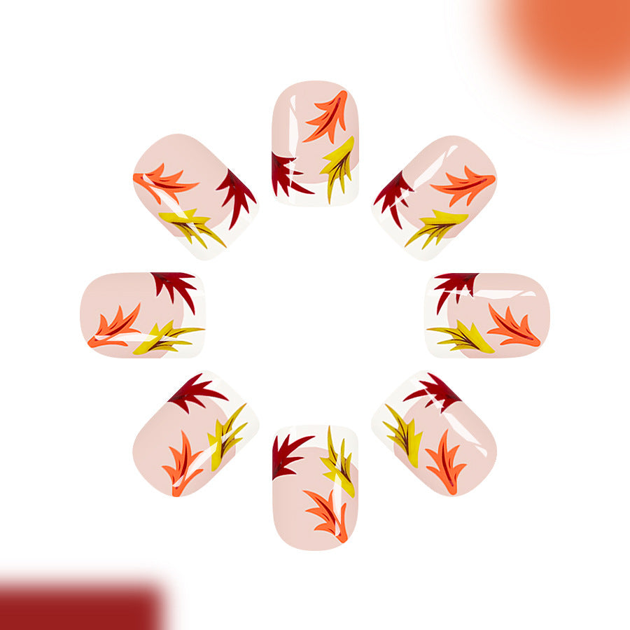 Autumn Bliss Short Square Translucent with Vibrant Leaf Designs Press On Nail Set