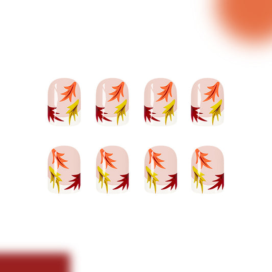 Autumn Vibes Short Square Peach Press On Nail Set with Unique Leaf Design