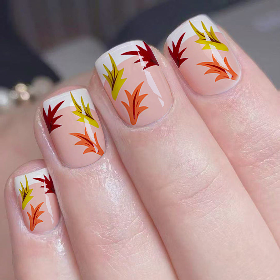 Autumn Elegance Short Square Beige with Vibrant Leaf Designs Press on Nail Set