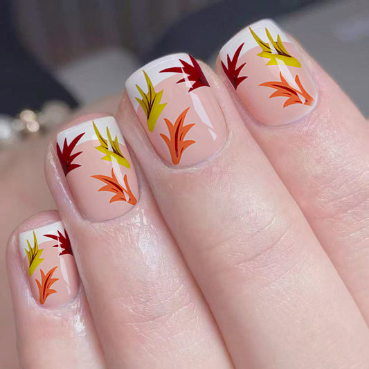 Autumn Elegance Short Square Beige with Vibrant Leaf Designs Press on Nail Set