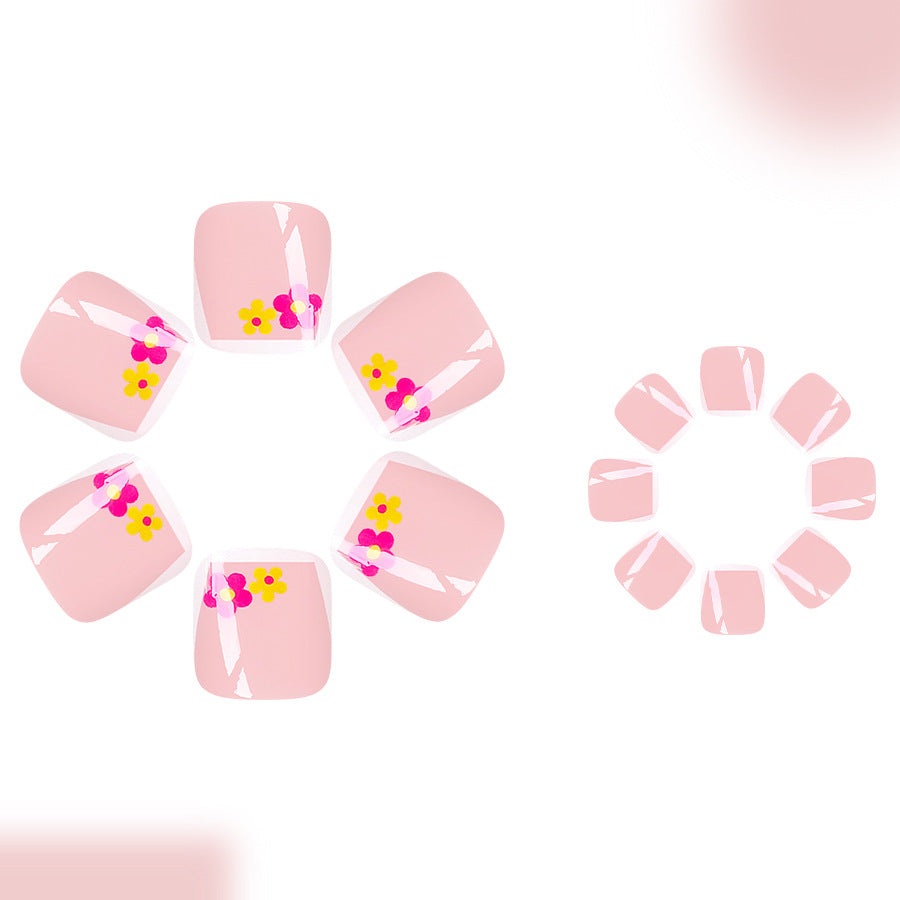 Floral Garden Charming Short Square Pink Press On Nail Set with Vibrant Flower Accents
