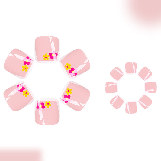 Floral Garden Charming Short Square Pink Press On Nail Set with Vibrant Flower Accents