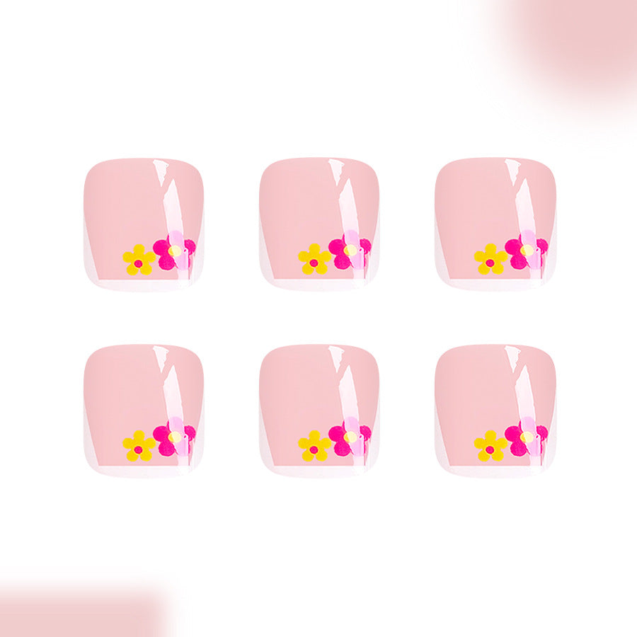 Blooming Serenity Short Square Shaped Soft Pink Press On Toenail Set with Floral Accents