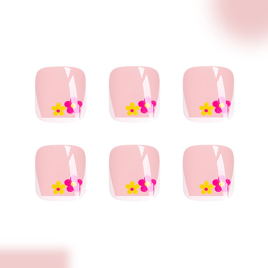Blooming Serenity Short Square Shaped Soft Pink Press On Toenail Set with Floral Accents