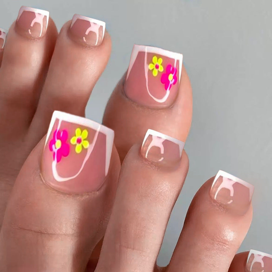 Tropical Bliss ShortSquare Shaped Pink and White Press on Toenail Set with Fun Floral Accents