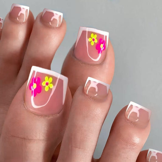 Tropical Bliss ShortSquare Shaped Pink and White Press on Toenail Set with Fun Floral Accents