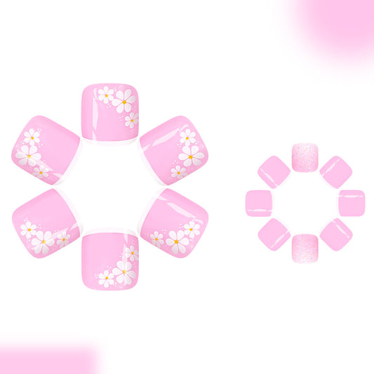 Blossom Beauty Short Square Pink Press On Toenail Set with Elegant Floral Design