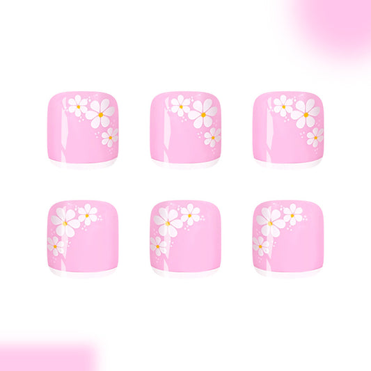 Blossom Dreams Short Square Pink Toenail Set with Elegant Floral Design