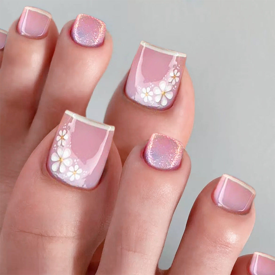 Blossom Dream Pink Short Square Press On Toenail Set with Floral Accent