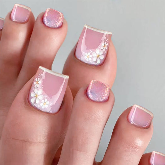 Blossom Dream Pink Short Square Press On Toenail Set with Floral Accent