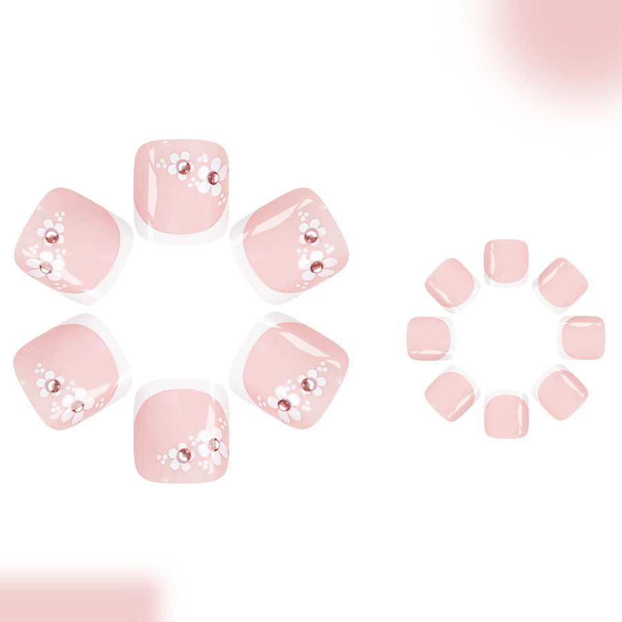 Blossoming Beauty Short Square Pink Press On Toenail Set with Floral Embellishments