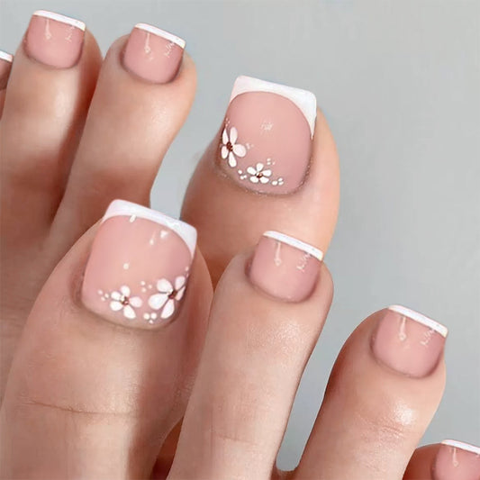 Blooming Elegance Short Square Pink Flower Press On Toenail Set