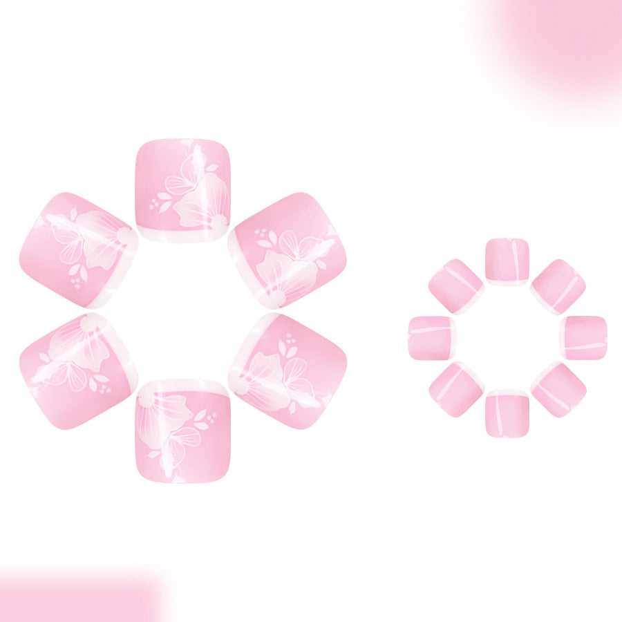 Garden Bliss Short Square Pink Press-On Toenail Set with Elegant Floral Design