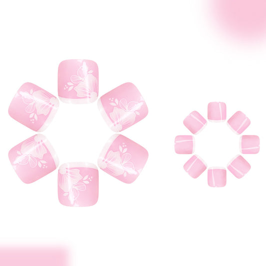 Garden Bliss Short Square Pink Press-On Toenail Set with Elegant Floral Design