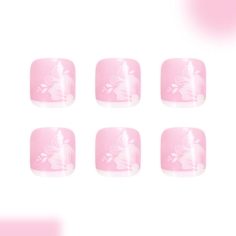Whimsical Blossom Short Square Pink Floral Press On Toenail Set with Charming Design