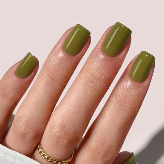 Nature's Embrace Glossy Short Square Olive Green Press On Nail Set with Easy Application Feature