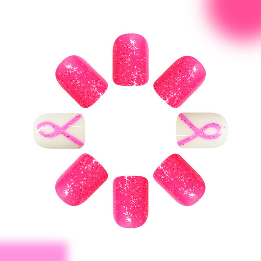 Sparkling Celebration Press On Nail Set Short Square Bright Pink with Glitter and Ribbon Design