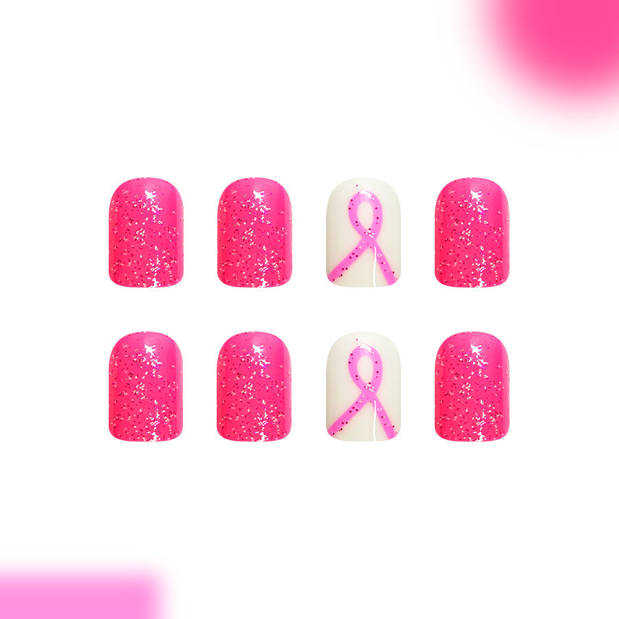 Feminine Glamour Press On Nails Short Square Bright Pink with Sparkling Glitter and Pink Ribbon Design