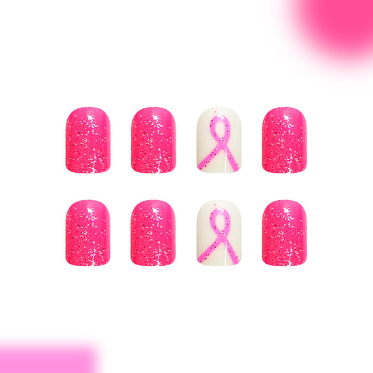 Feminine Glamour Press On Nails Short Square Bright Pink with Sparkling Glitter and Pink Ribbon Design