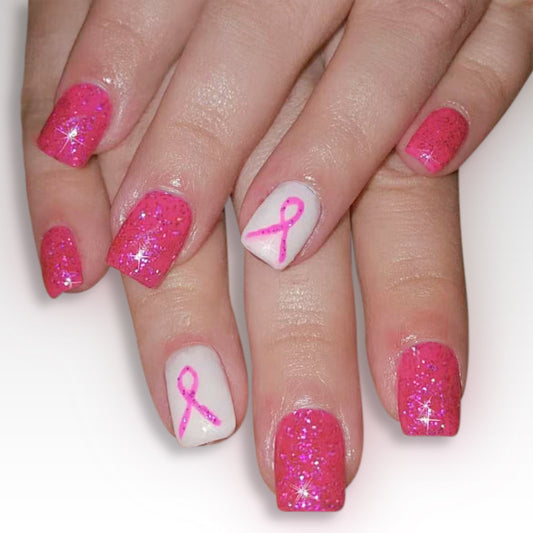 Empowerment Sparkle Short Square Pink Glitter Press On Nail Set with Unique Awareness Design
