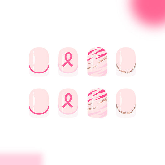 Pink Ribbon Inspired Press On Nail Set Short Square Smooth with Glitter and Striped Design