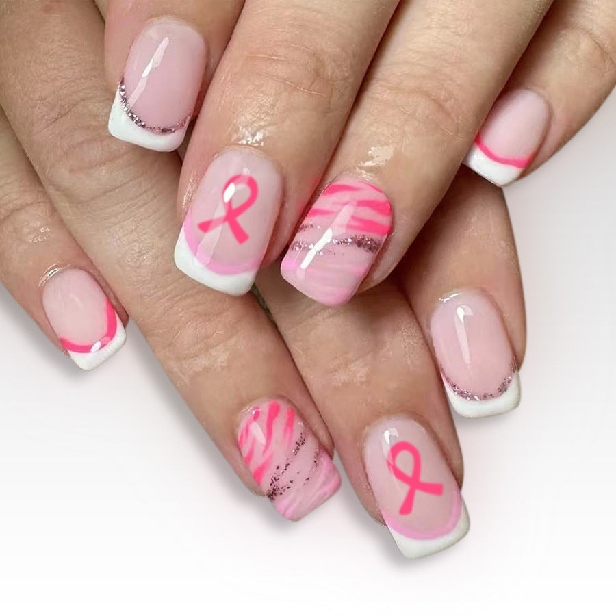 Empowering Elegance Short Square Light Pink Press On Nail Set with Eye-catching Glitter and Breast Cancer Awareness Ribbons