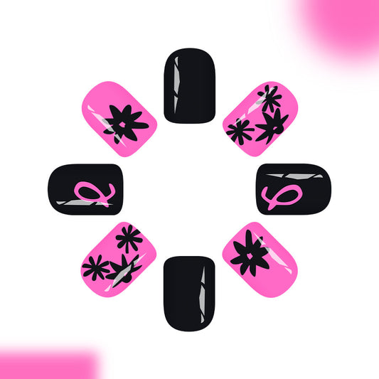Tropical Vibes Medium Short Square Bright Pink and Bold Black Floral Press-On Nail Set