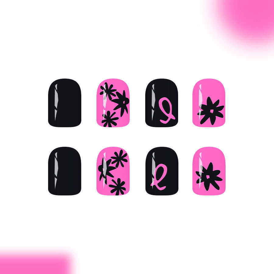 Floral Dreams Glossy Short Square Pink and Black Press-On Nail Set with Unique Hand-Painted Designs