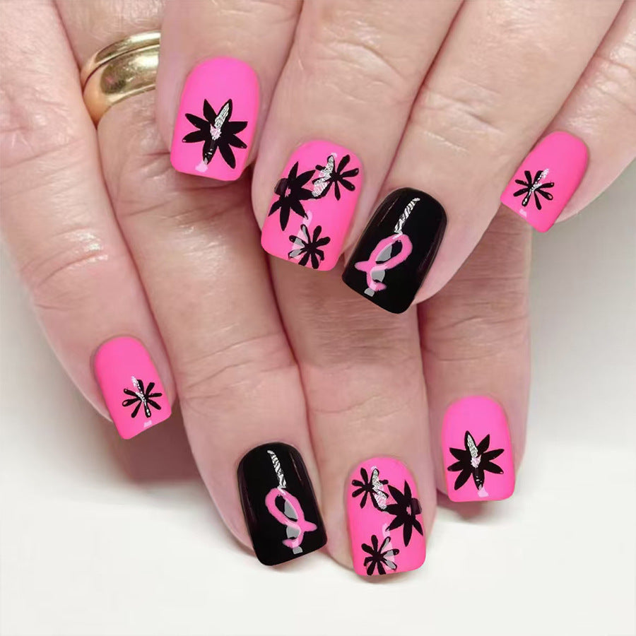 Floral Elegance Short Square Bright Pink and Black Press-On Nail Set with Unique Flower Designs