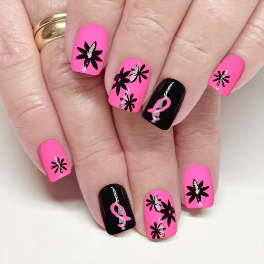 Floral Elegance Short Square Bright Pink and Black Press-On Nail Set with Unique Flower Designs