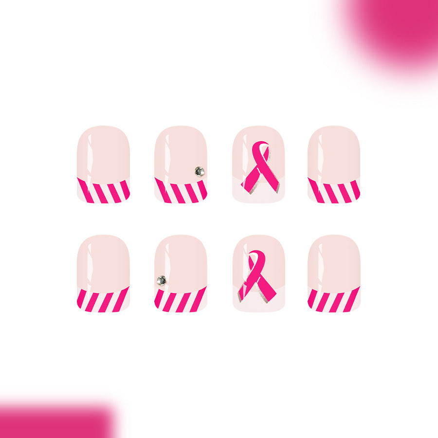 Breast Cancer Awareness Elegant Short Square Pink Striped Nail Set with Rhinestone Detail