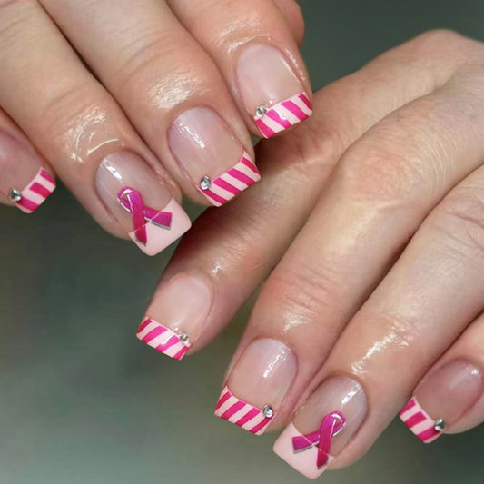 Charming Celebration Short Square Pink Striped Design with Rhinestone Accent Press-On Nail Set