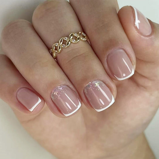 Elegant Blossom Elegant Short Square Soft Pink with Shimmering French Tips Press-On Nail Set